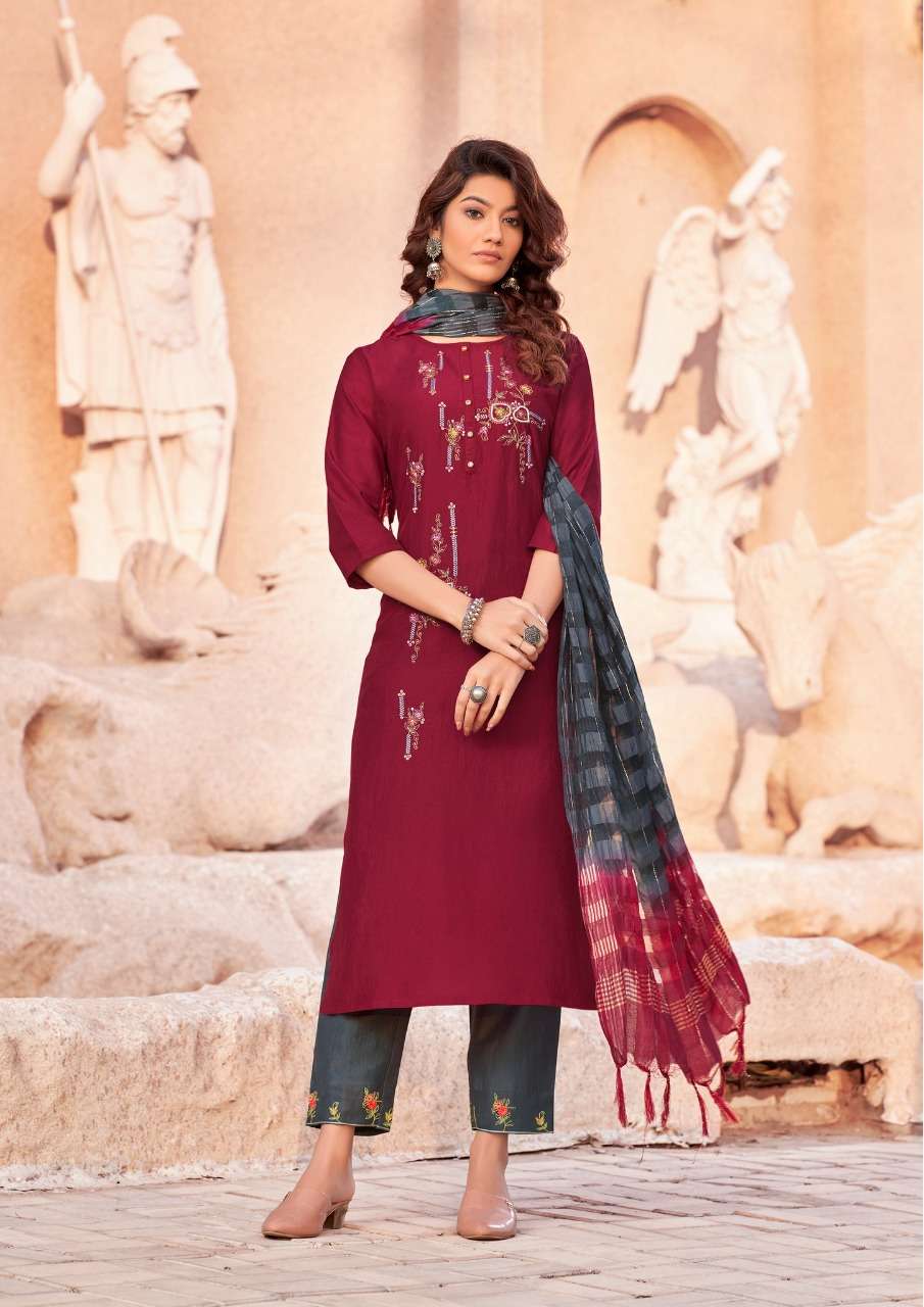 Parra Studio-Apsara Vol 1- Chinon Silk-With-Embroidery-Handwork-Kurti-with-Khatli-Work-Embroidery-Work-Pant-and -Fancy-Dupatta -1003